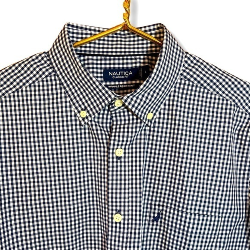 Nautica Button Down Shirt Navy Blue Check Gingham‎ Classic Fit Wrinkle Re…
